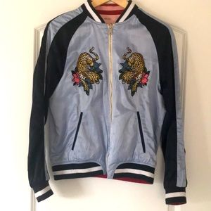 GUESS Blue Embroidered Tiger Reversible into Pink Bomber Jacket